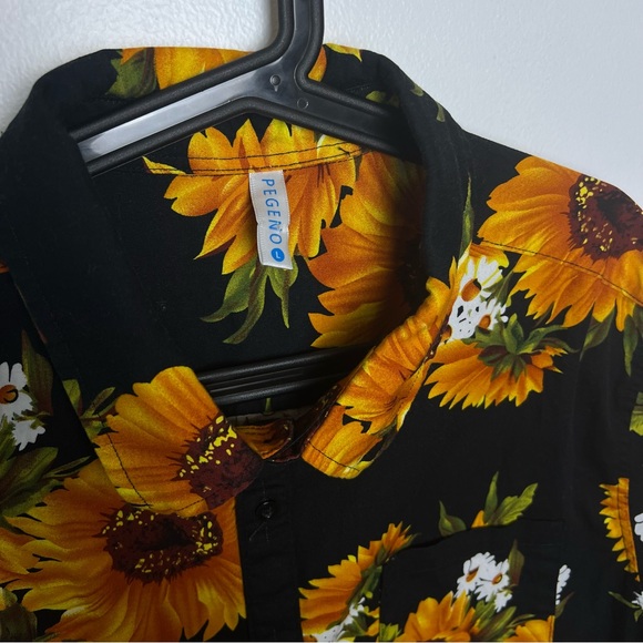Sunflower Print Men's Large Collared Button Down Shirt Big Bold Loud Fun Black - Picture 2 of 5